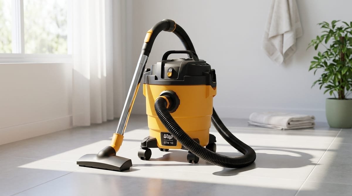 Aspirador de pó e água Wap GTW 10 amarelo e preto com mangueira e tubos de extensão em uma área de serviço iluminada