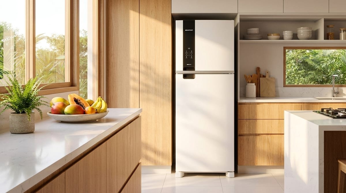Geladeira Brastemp Frost Free BRM46MB 385 litros branca em uma cozinha clara e iluminada