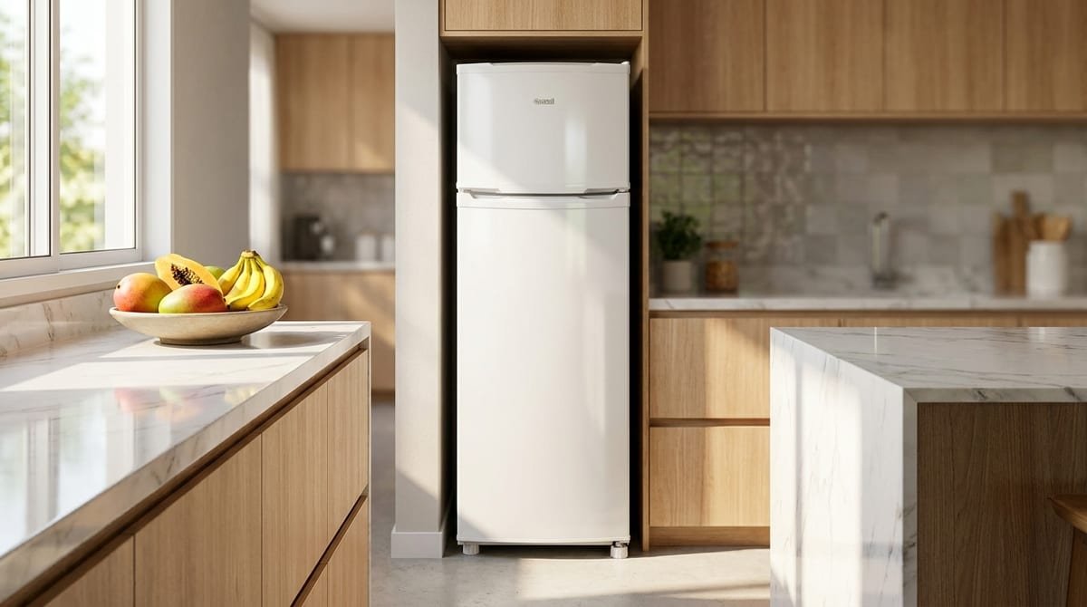 Geladeira duplex branca Consul em cozinha moderna e iluminada (imagem ilustrativa)