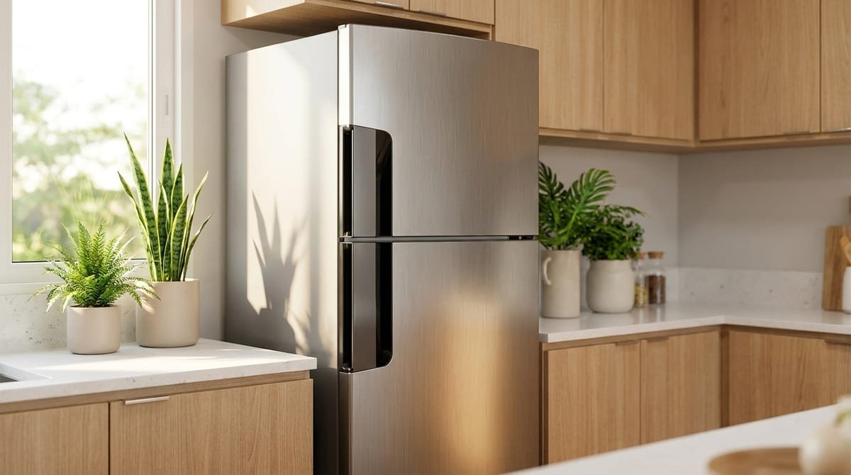 Geladeira duplex inox Consul Frost Free 377 litros em cozinha moderna e iluminada (imagem ilustrativa)