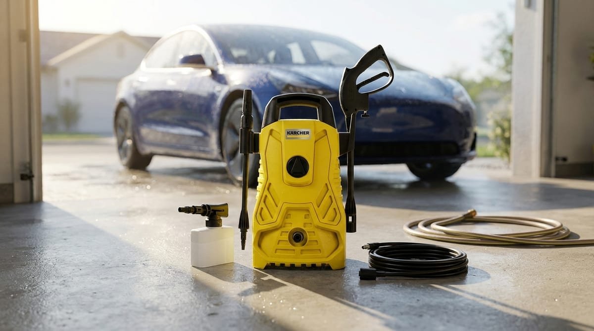 Lavadora de alta pressão Kärcher Compacta 1500 PSI amarela e preta em uma garagem limpa