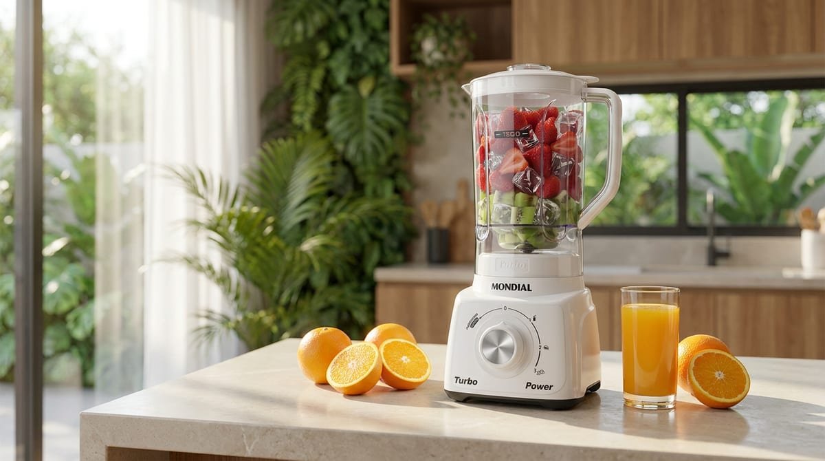 Liquidificador Mondial Turbo Power L-99 branco com jarra de 2,2 litros sobre bancada de cozinha iluminada