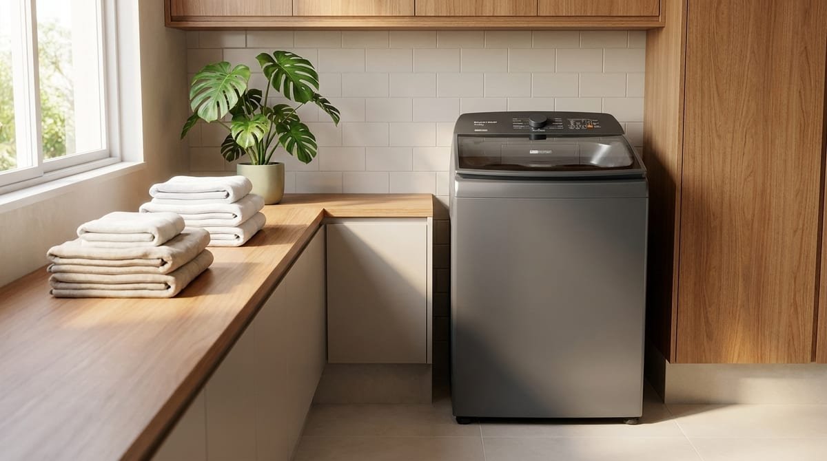 Máquina de lavar Brastemp BWJ14A9 cinza platinum de 14 kg em uma lavanderia iluminada
