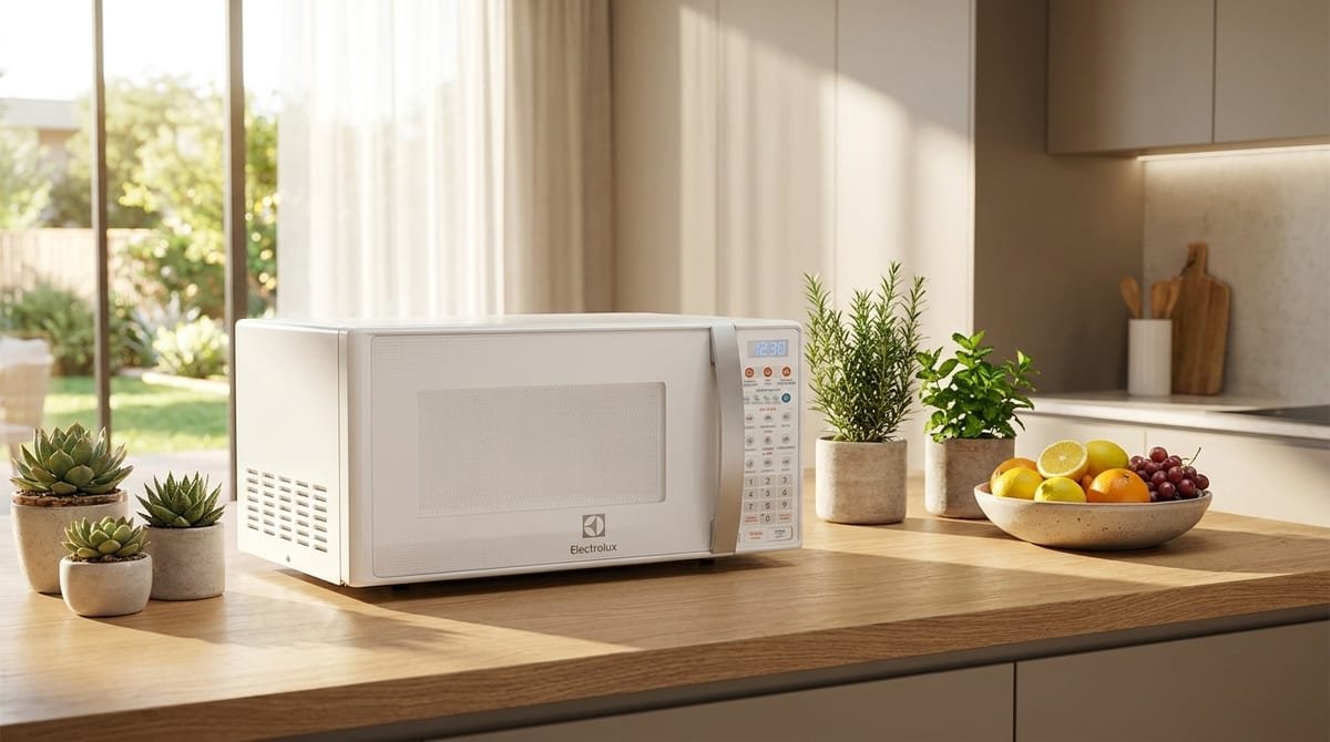 Micro-ondas branco de bancada em cozinha moderna (imagem ilustrativa)