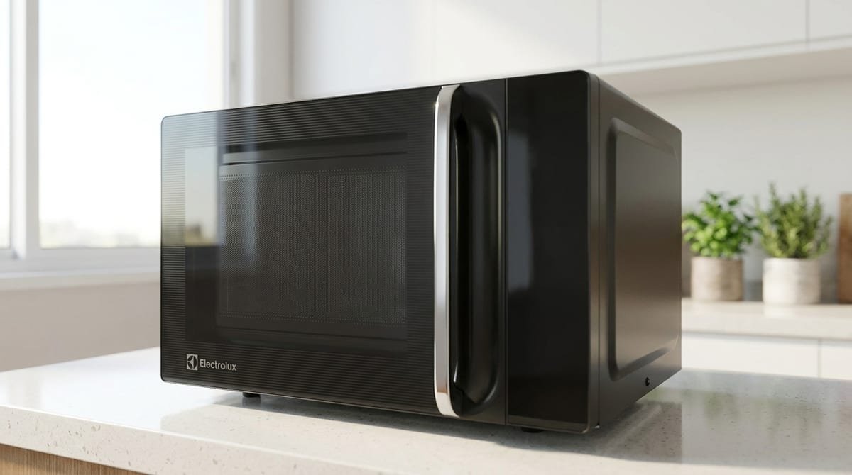 Micro-ondas Electrolux 23L preto de bancada em cozinha iluminada (imagem ilustrativa)