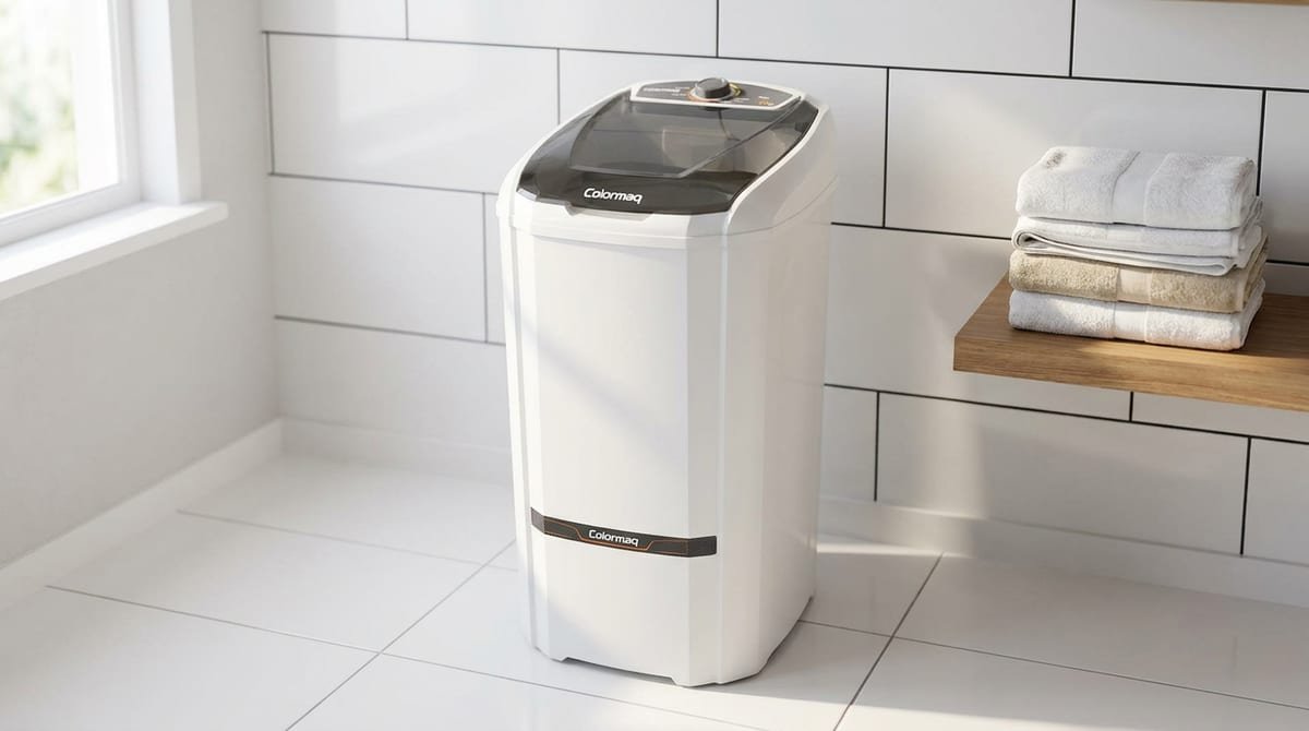 Lavadora semiautomática Colormaq LCS 10 kg branca em área de serviço clara e organizada (imagem ilustrativa)