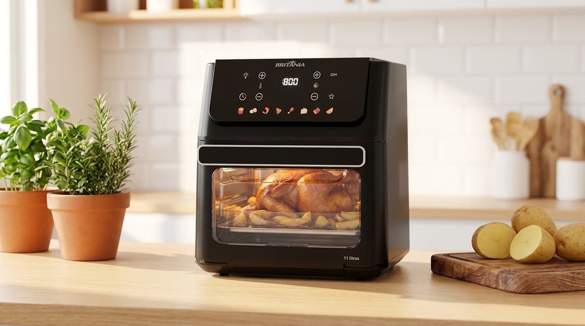 Air Fryer Oven Britânia BAF11A preta de 11 litros com painel digital sobre bancada de cozinha