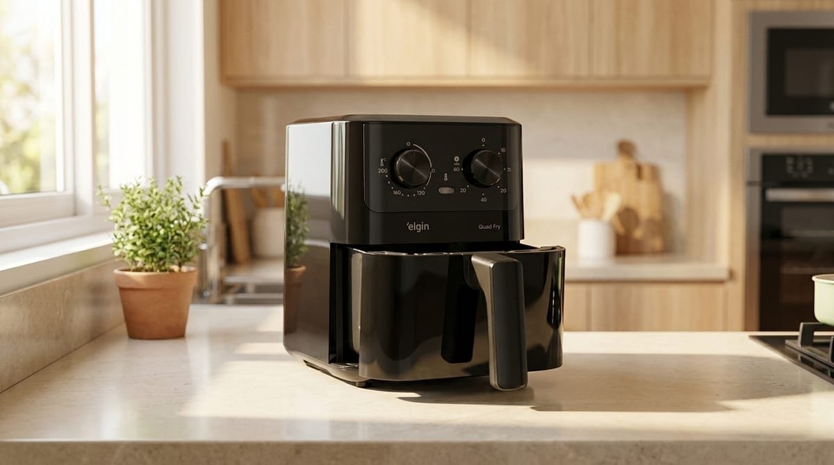 Air fryer Elgin Quad Fry 4,2 litros preta sobre a bancada de uma cozinha clara