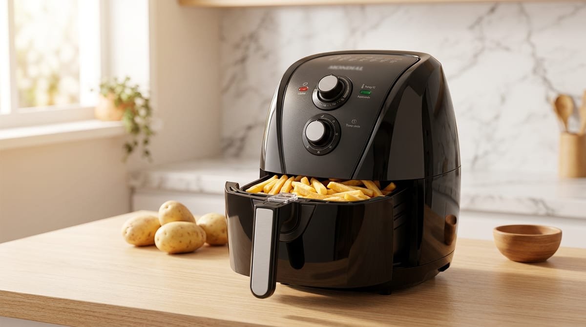Air Fryer Mondial AFN-40-BFT 4L preta com cesto quadrado sobre bancada de cozinha