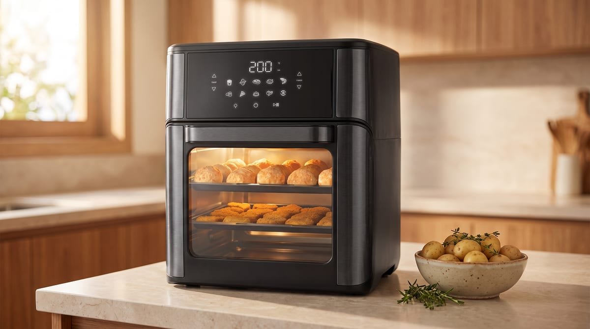 Air Fryer Forno Oven Mondial AFON-12L-BG preta de 12 litros com porta de visor sobre bancada de cozinha