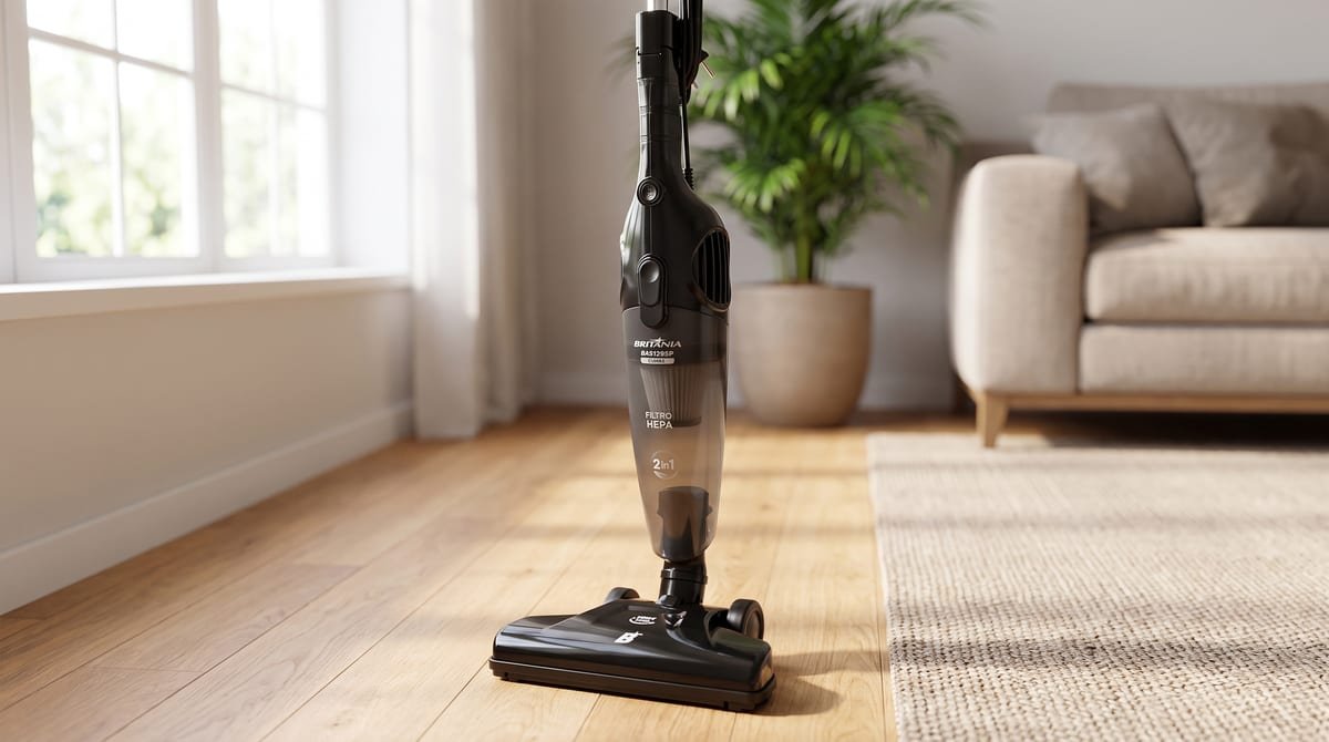 Aspirador de pó vertical Britânia BAS1295P preto em pé sobre piso de madeira em uma sala iluminada