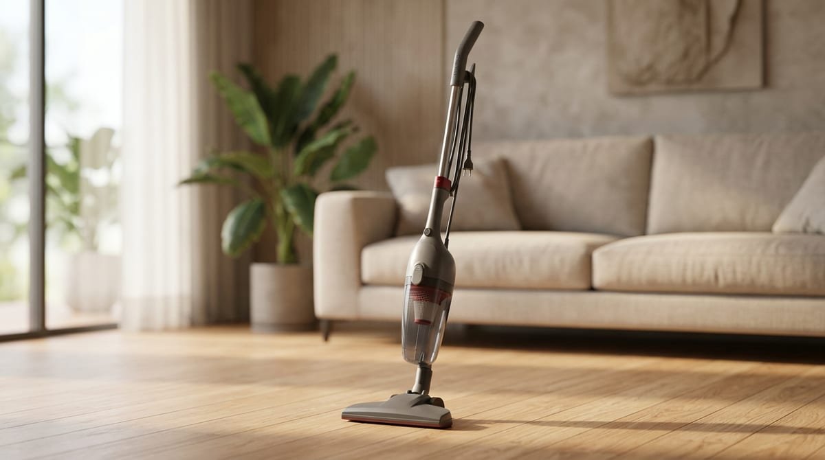 Aspirador de pó vertical Electrolux STK15 cinza-escuro apoiado no piso de uma sala iluminada