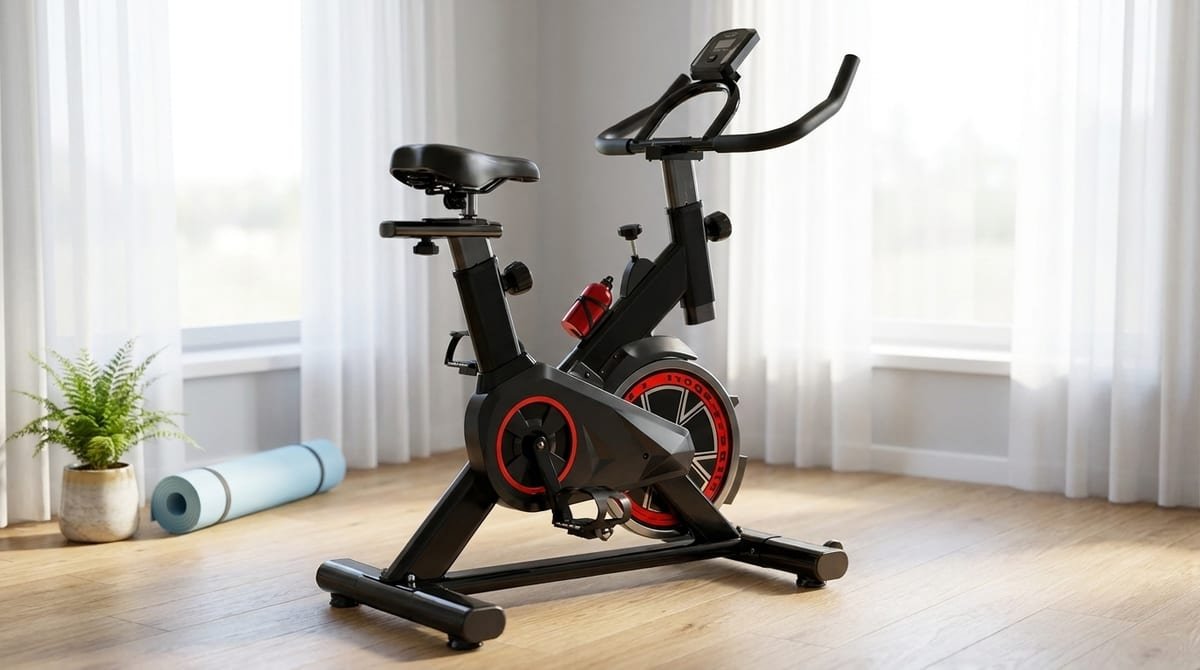 Bicicleta ergométrica Spinning X11 BrusFit preta e vermelha montada em uma sala de treino em casa