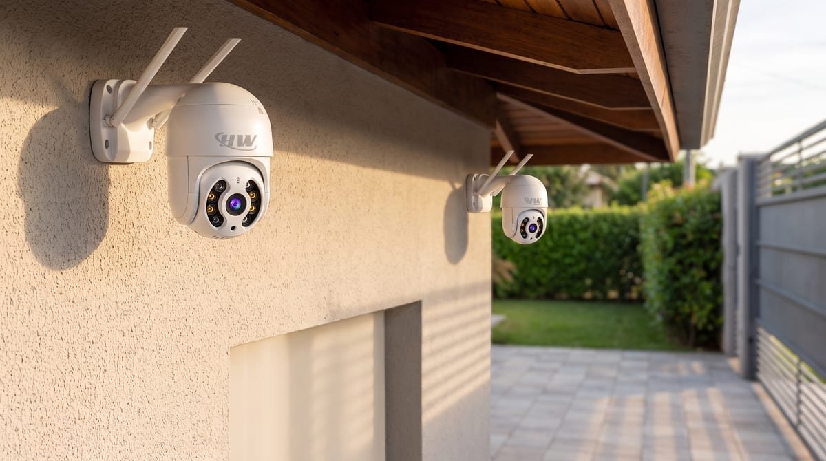 Kit com duas câmeras de segurança Wi-Fi HW A8 brancas instaladas na parede externa de uma casa iluminada