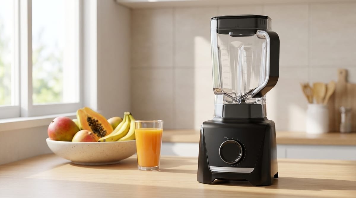 Liquidificador Oster OLIQ610 preto de 1400 W sobre a bancada de uma cozinha clara