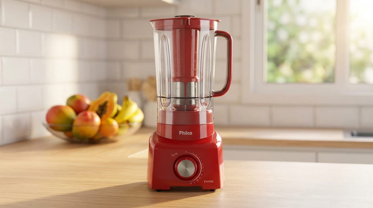 Liquidificador Philco PH900 vermelho de 1200W sobre a bancada de uma cozinha