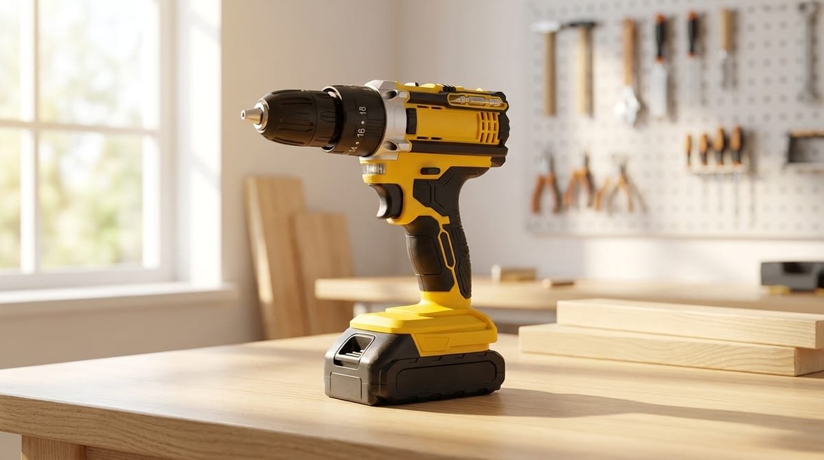 Parafusadeira furadeira de impacto The Black Tools TB-21PX amarela com maleta e duas baterias sobre bancada de oficina iluminada
