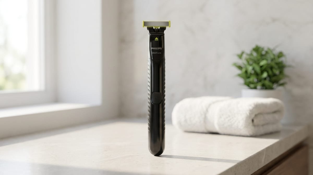Barbeador e aparador Philips OneBlade QP1425/10 preto com pente ajustável 5 em 1 sobre a bancada de um banheiro claro