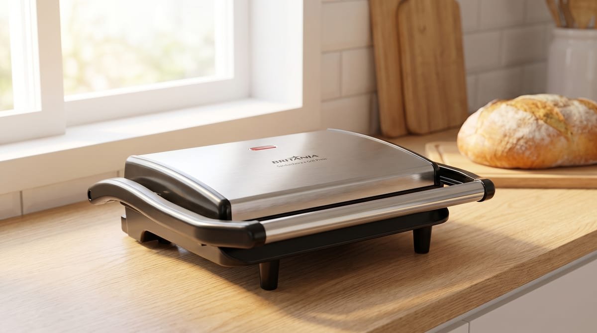 Sanduicheira e Grill Britânia Press BGR27I preto inox fechada sobre bancada de cozinha