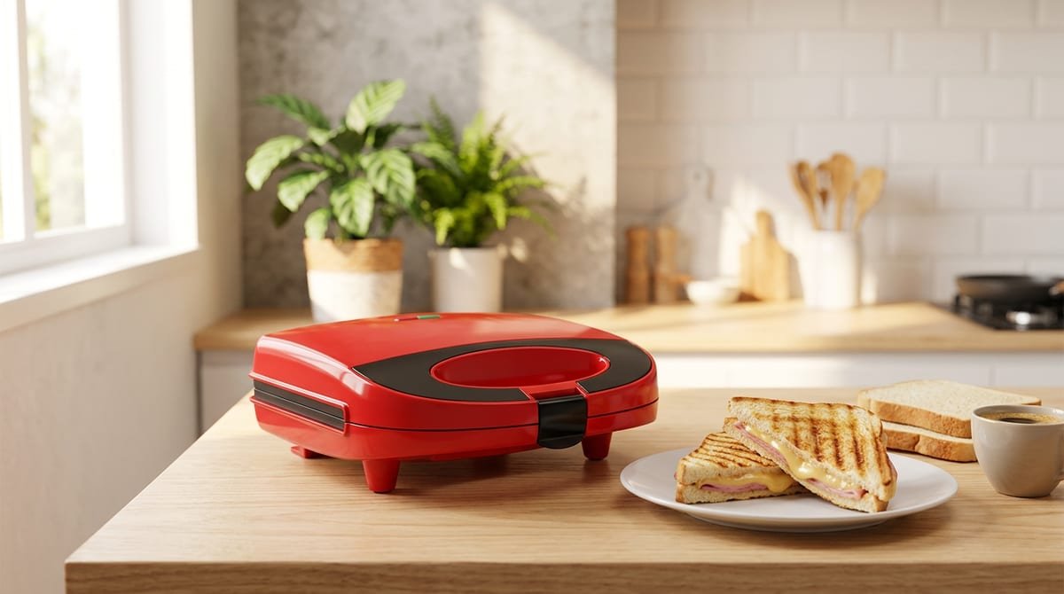 Sanduicheira e grill Kian 750W vermelha fechada sobre a bancada de uma cozinha iluminada