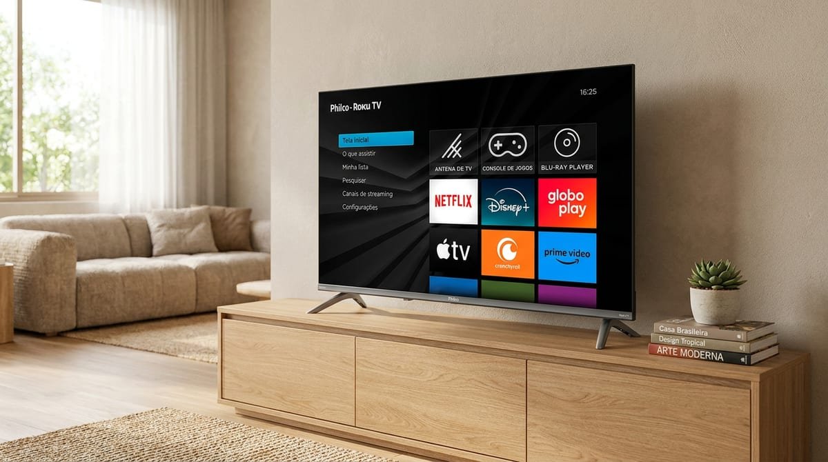 Smart TV 32 polegadas Philco Roku TV P32CRB em uma sala clara