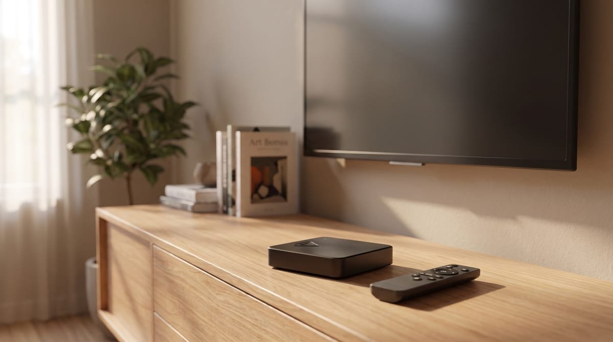 TV Box Proeletronic SmartPro PROSB-3000 preto quadrado com controle remoto ao lado