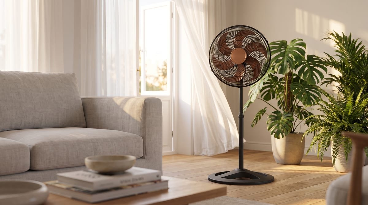 Ventilador de coluna Ventisol Turbo 6 preto com pás bronze de 40 cm em uma sala clara