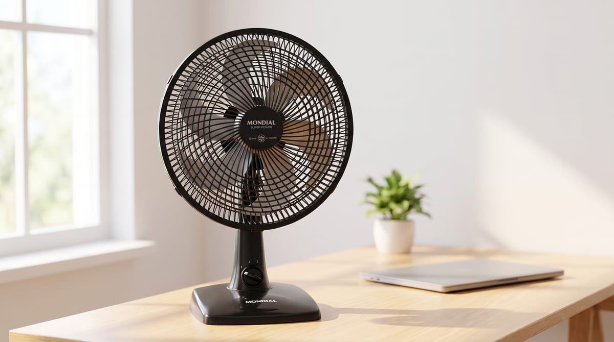 Ventilador de mesa Mondial Super Power VSP-30-B preto com pás prata de 30 cm sobre uma mesa em sala clara