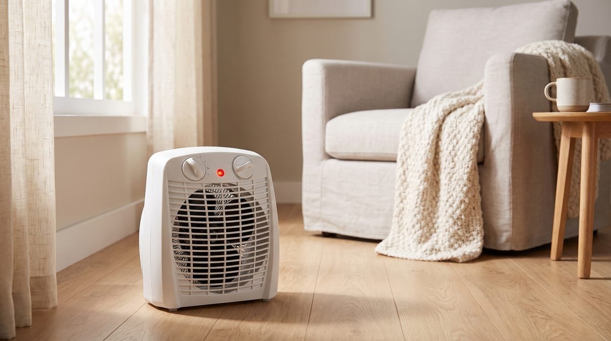 Aquecedor elétrico Kian AQ-100 branco no piso de madeira de uma sala clara, ao lado de poltrona bege com manta de tricô e luz suave vindo da janela