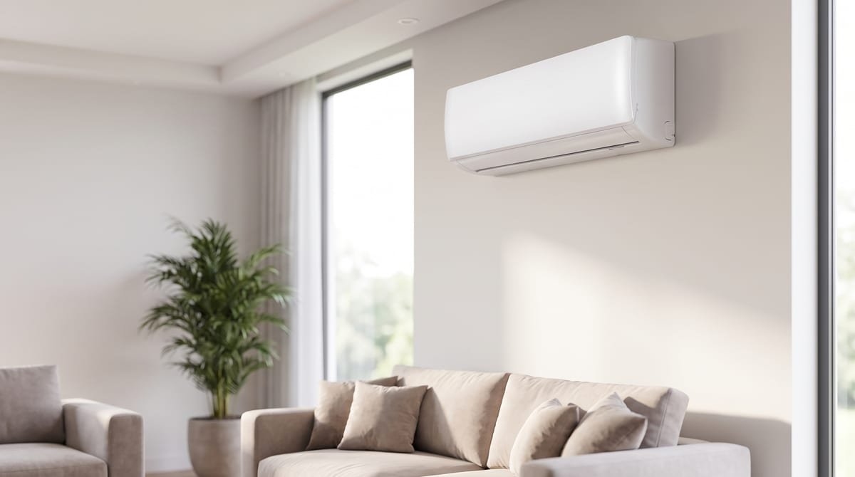 Ar Condicionado Split Agratto Zen Top Inverter 12.000 BTUs frio R-32 220V, unidade interna branca instalada na parede de uma sala clara