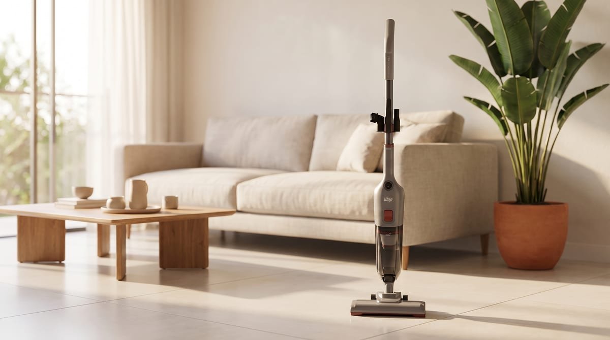 Aspirador vertical WAP Power Speed Max CI10 cinza apoiado no piso claro de uma sala iluminada, com o tubo montado e o bico múltiplo encostado no chão