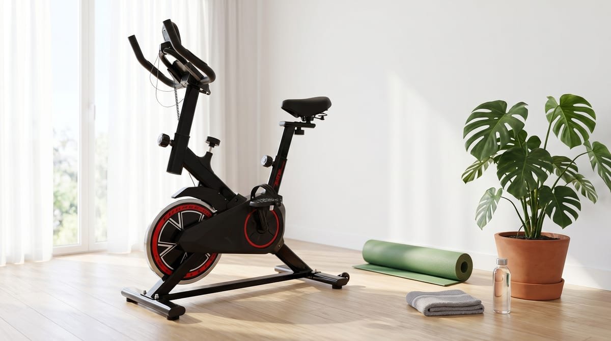 Bicicleta ergométrica de spinning Liftness SP50PTVM preta e vermelha em sala de treino iluminada