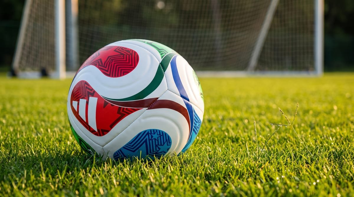 Bola adidas Trionda Training branca com ondas vermelhas, verdes e azuis sobre a grama natural de um campo de futebol, com o gol desfocado ao fundo no fim de tarde