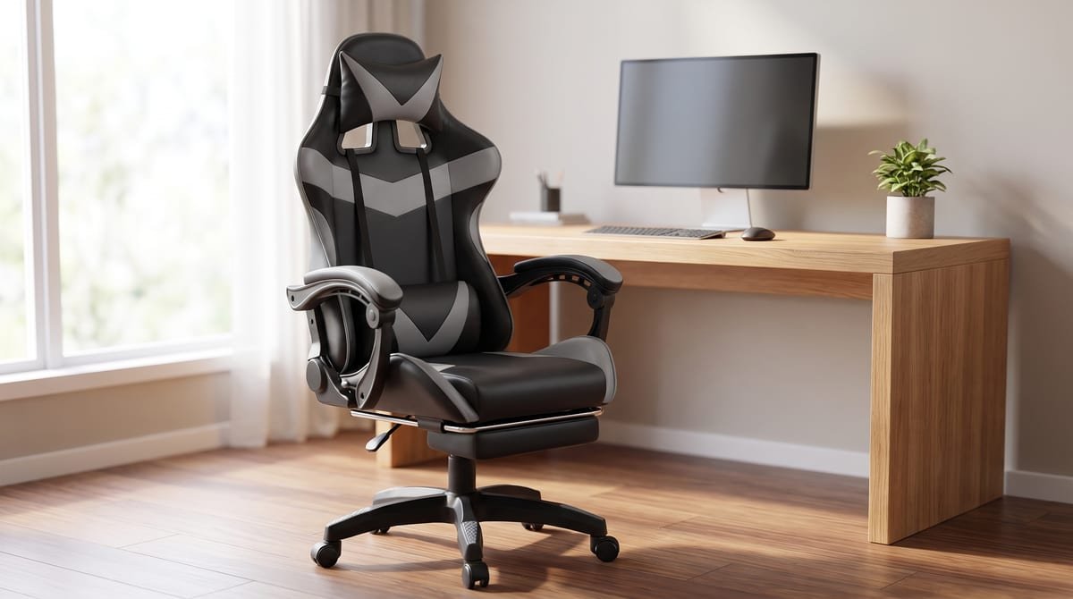 Cadeira gamer LuvinCo Nitro cinza e preta com apoio de cabeca, apoio de pes retratil e base giratoria