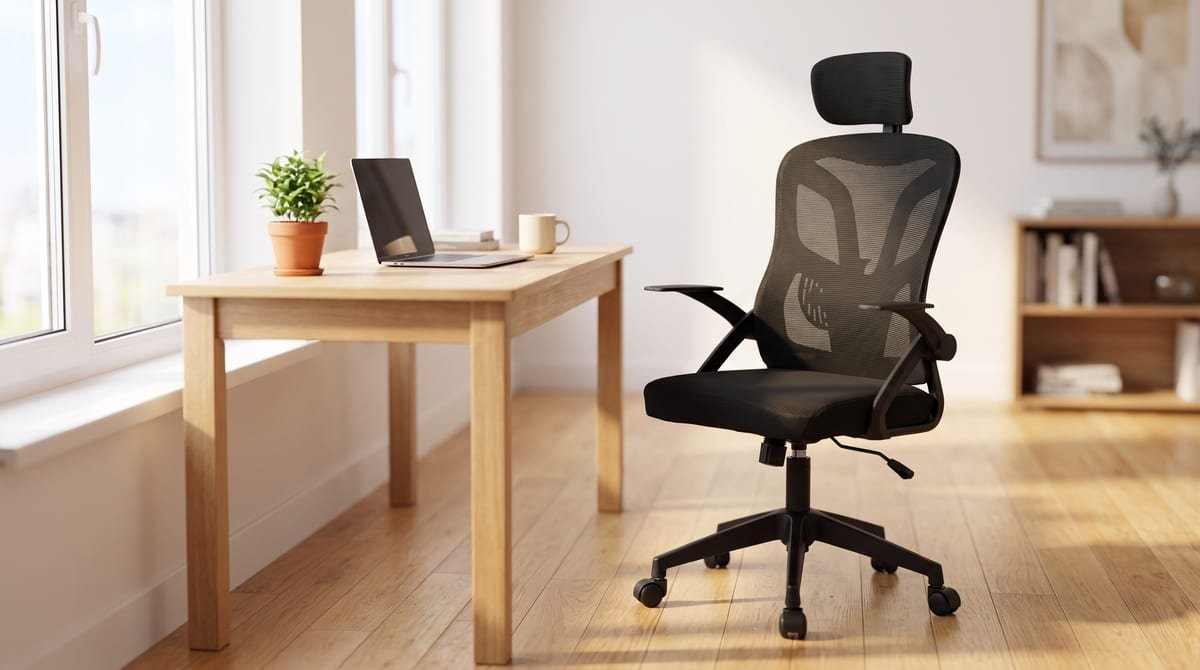 Cadeira de escritório ergonômica Marqs Home Glorious preta com encosto em mesh, em um home office claro e bem iluminado