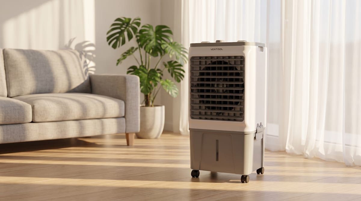 Climatizador Ventisol CLIN 16 branco e cinza de 16 litros em sala iluminada