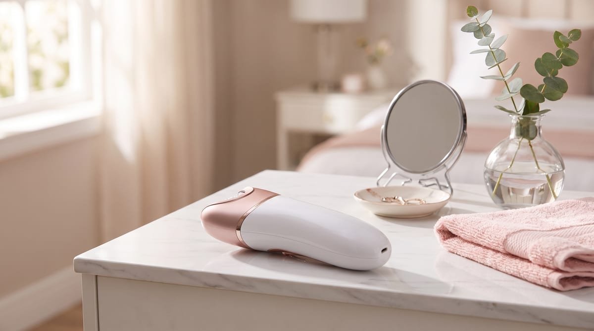 Depilador Philco Aqua Deluxe Plus branco e rosé sobre penteadeira de mármore, com espelho redondo e toalha rosa
