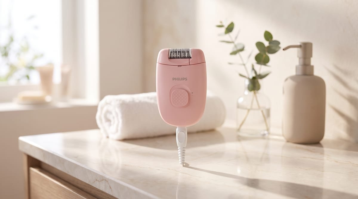 Depilador elétrico Philips Satinelle BRE229/00 rosa e branco apoiado em uma bancada clara de banheiro, com a cabeça depiladora removível e a escova de limpeza ao lado