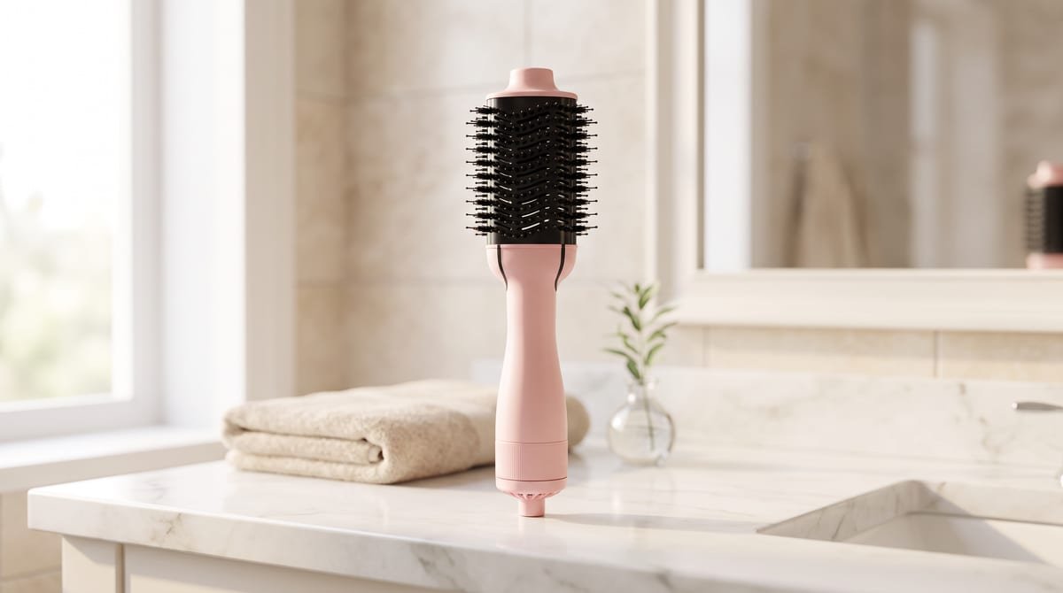 Escova secadora Britânia BEC07R rosa apoiada na bancada de um banheiro claro e bem iluminado