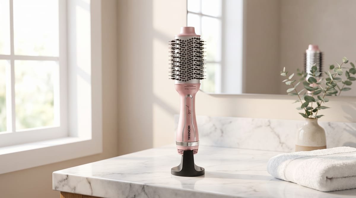 Escova Secadora Mondial By Juliette ES-JU-01 rosa, 3 em 1, 1300W bivolt, sobre bancada de banheiro