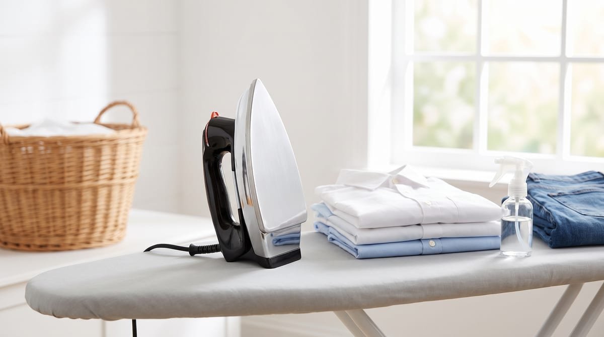 Ferro a seco Black+Decker VFA1110 preto com base de alumínio cromada em pé sobre a tábua de passar, ao lado de camisas dobradas, uma calça jeans e um borrifador de água, numa lavanderia clara