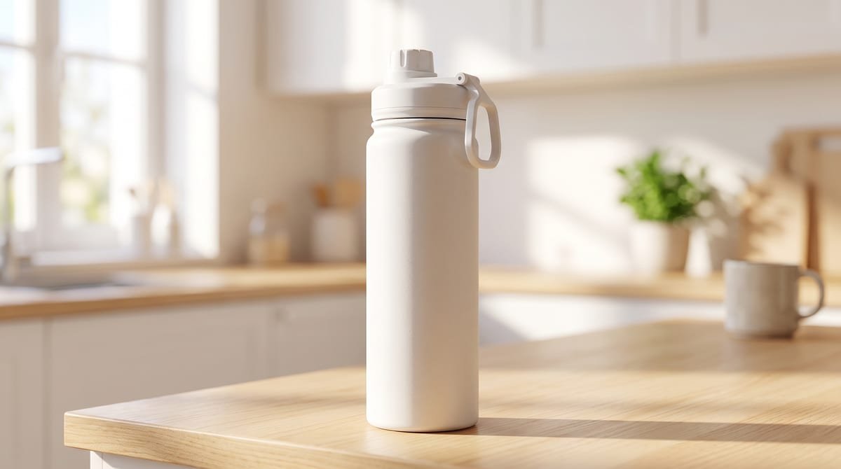 Garrafa térmica Gocase Fresh branca de aço inox sobre a bancada clara de uma cozinha iluminada, com a tampa rosqueável fechada e a alça embutida visível