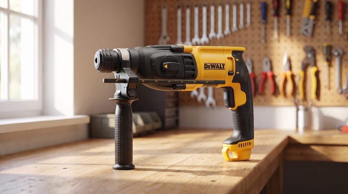 Martelete perfurador rompedor DeWalt D25133K-B2 amarelo e preto com maleta, sobre bancada de oficina bem iluminada