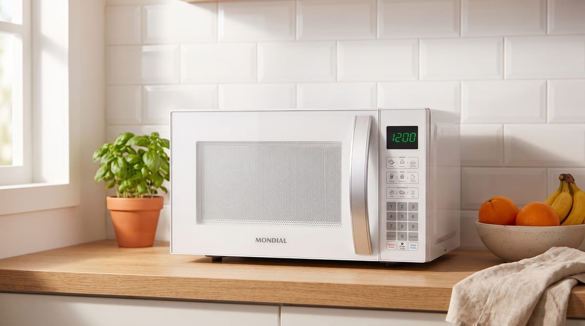 Micro-ondas Mondial MO-01-21-W branco sobre bancada de madeira em cozinha clara com azulejos brancos, manjericão e fruteira