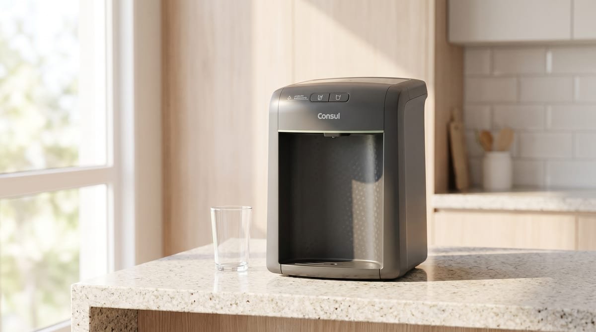 Purificador de água Consul CPB34AF cinza instalado na bancada de uma cozinha