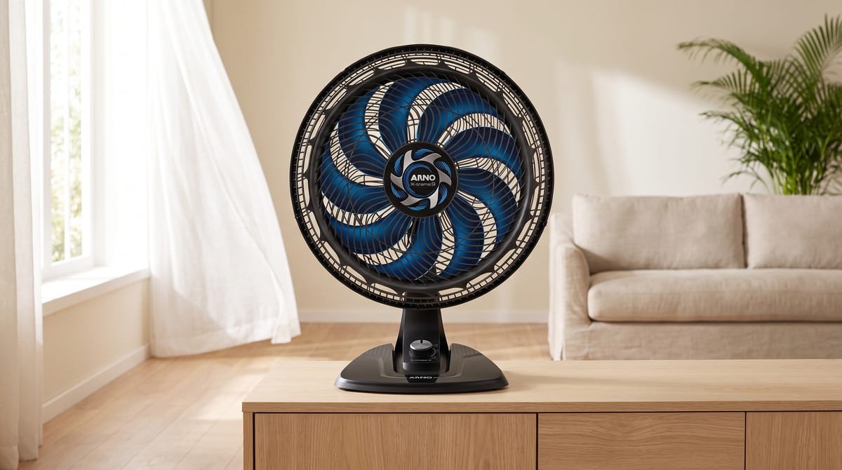 Ventilador Arno X-treme 9 VE90 de mesa 40 cm com estrutura preta e nove pas azuis sobre movel de sala