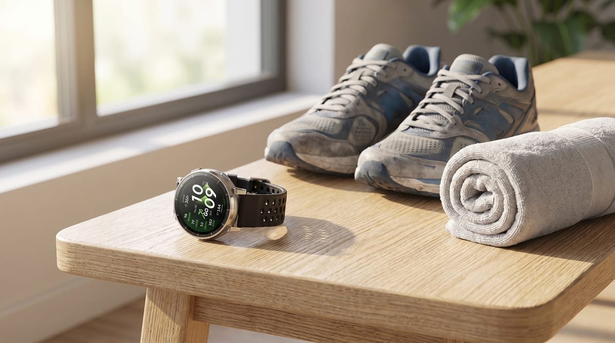 Smartwatch Amazfit Active 3 Premium com caixa de aço inoxidável cinza e pulseira preta, com a tela AMOLED acesa, apoiado numa bancada clara ao lado de um par de tênis de corrida