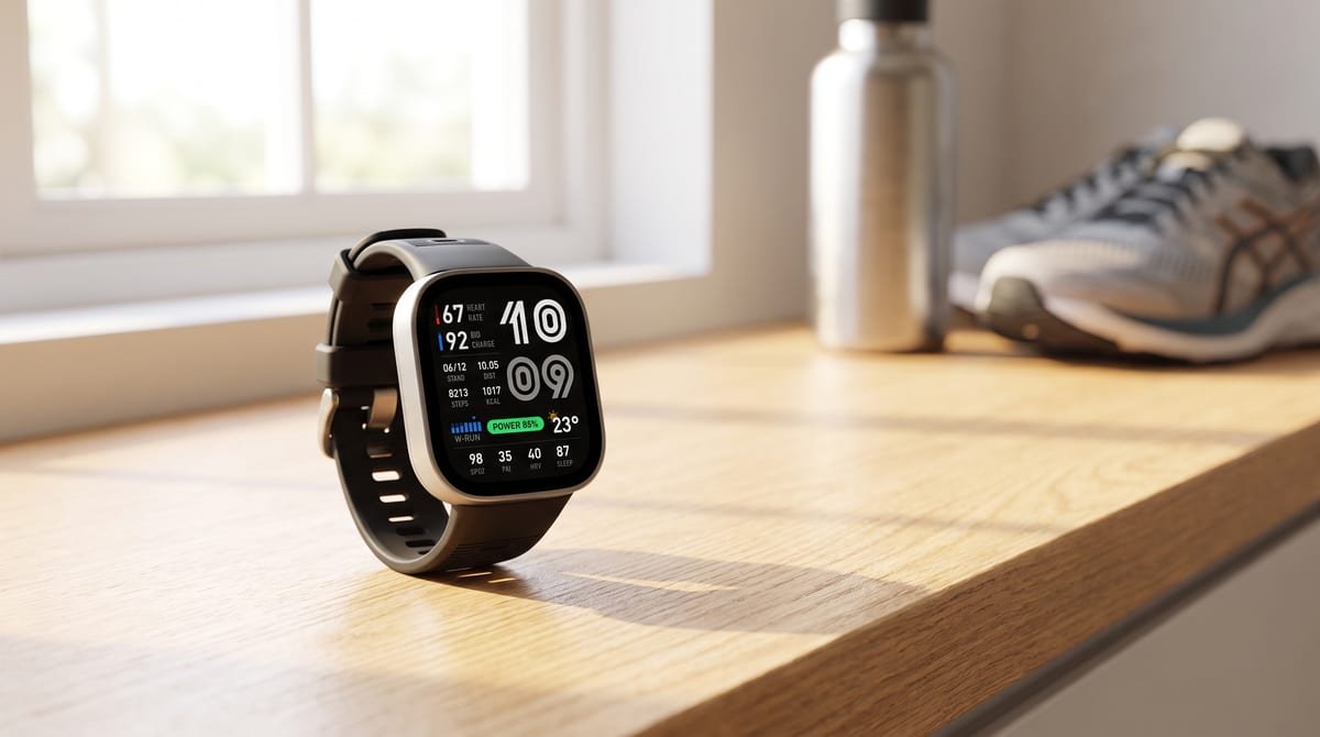 Smartwatch Amazfit Bip Max com caixa prateada e pulseira preta de silicone, tela AMOLED de 2,07 polegadas acesa, apoiado numa bancada clara ao lado de uma garrafa de água e um tênis de corrida
