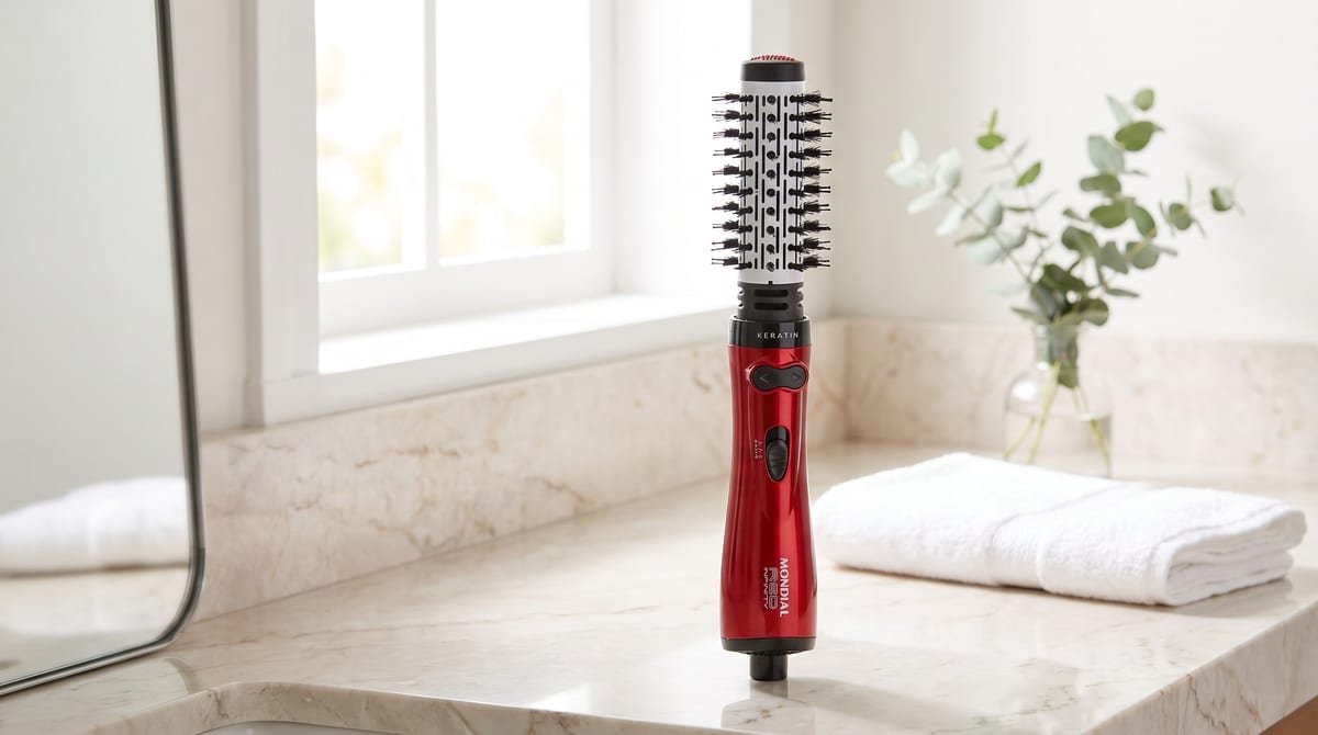Escova rotativa Mondial Infinity Keratin ER-11-KR vermelha sobre bancada de banheiro iluminado