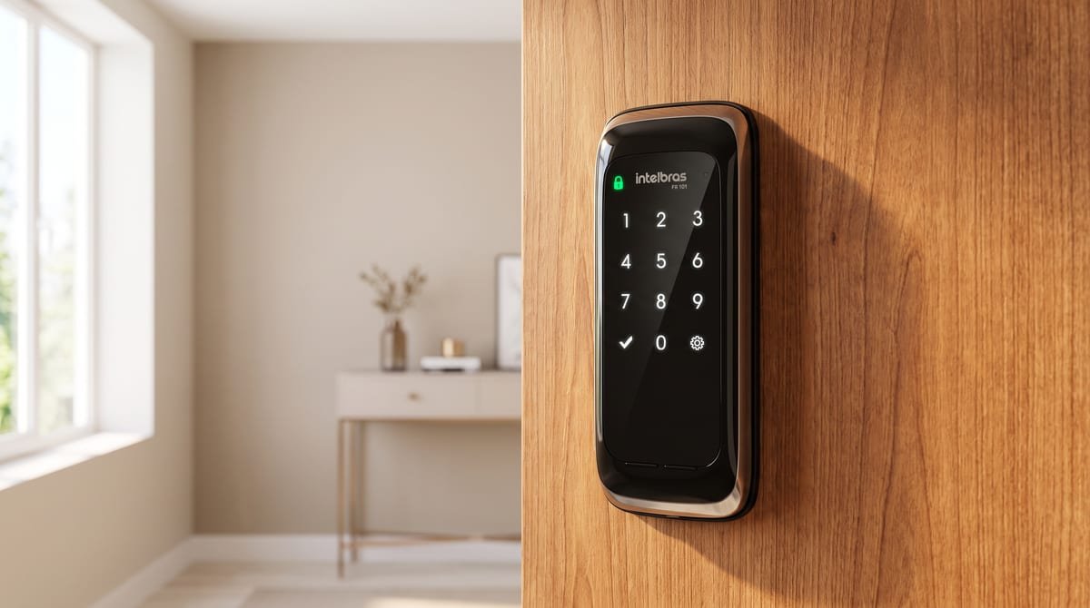 Fechadura digital de sobrepor Intelbras FR 101 preta com teclado touch screen instalada em porta de madeira